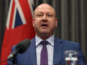 Dr. Brent Roussin, chief provincial public health officer, speaks during a COVID-19 briefing at the Manitoba Legislative Building on Mon., March 16, 2020. Kevin King/Winnipeg Sun/Postmedia Network