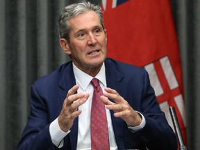 Premier Brian Pallister speaks about flattening the curve during a COVID-19 pandemic media briefing at the Manitoba Legislative Building on Tues., March 17, 2020. Kevin King/Winnipeg Sun/Postmedia Network