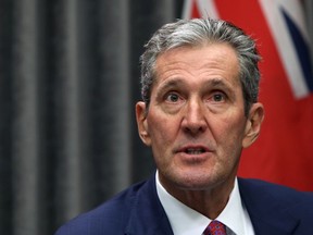 Premier Brian Pallister speaks during a COVID-19 pandemic media briefing at the Manitoba Legislative Building on Tues., March 17, 2020. Kevin King/Winnipeg Sun/Postmedia Network