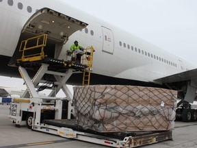 Manitoba took delivery of 150,000 disposable isolation gowns on Tuesday, April 21, 2020, which were supplied by SpiritRx Services.
Winnipeg Airports Authority photo