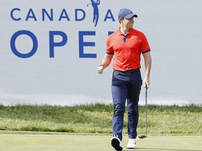 Rory McIlroy of Northern Ireland reacts after a birdie putt on the 14th green during the final round of the RBC Canadian Open at Hamilton Golf and Country Club on June 09, 2019 in Hamilton, Canada.