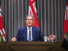 Premier Brian Pallister speaks to the media about COVID-19 at the Manitoba Legislative Building in Winnipeg on Monday, April 13, 2020. Pool Photos