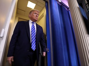 U.S. President Donald Trump arrives to lead the daily coronavirus task force briefing at the White House in Washington, D.C., April 23, 2020.