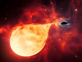 A star being torn apart by an intermediate-mass black hole, surrounded by an accretion disc is seen in an artist's impression obtained by Reuters April 2, 2020.