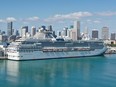 An aerial view from a drone shows the cruise ship Coral Princess after it docked at Port Miami on April 4, 2020, in Miami.