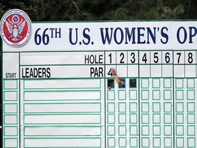 The leader board is prepared for the tournament during a practice round for the 2011 U.S. Women's Open at The Broadmoor on July 6, 2011 in Colorado Springs, Colorado. (Doug Pensinger/Getty Images)