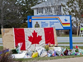 A memorial is seen at the home detachment of slain RCMP Constable Heidi Stevenson, who was one of the victims of Sunday's shooting rampage.