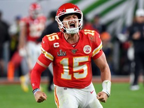 Kansas City Chiefs quarterback Patrick Mahomes (15) celebrates after a touchdown against the San Francisco 49ers in Super Bowl LIV at Hard Rock Stadium.