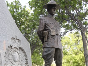 Slain Peace Officer monument in outside RCMP D Division Headquarters in Winnipeg. The flag has been lowered to half-mast in front of D Division Headquarters and will remain this way until Const. Heidi Stevenson's memorial and the Nova Scotia provincial flag will be flown at Memorial Park in Winnipeg until sunset Tuesday out of respect.
