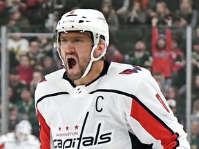 Washington Capitals forward Alex Ovechkin celebrates his goal during a game on March 1, 2020.