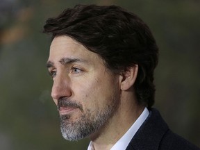 In this file photo taken on March 29, 2020, Prime Minister Justin Trudeau speaks during a news conference on COVID-19 situation in Canada from his residence in Ottawa.