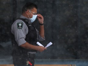 A security officer adjusts his mask at Health Sciences Centre, in Winnipeg.     Thursday, April 2, 2020. Chris Procaylo/Winnipeg Sun