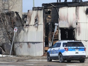 Fire destroyed buildings on an industrial lot at Sutherland Avenue and Robinson Street, in Winnipeg early Friday morning.