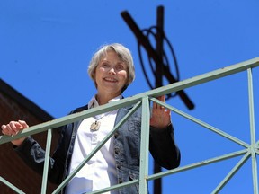 Sister Lesley Sacouman, executive director of Holy Names House of Peace, is photographed on the balcony of its Edmonton Avenue facility in Winnipeg on Wednesday, April 29.