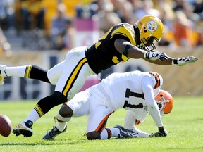 Pittsburgh Steelers linebacker James Harrison was fined for this hit on Cleveland Browns wide receiver Mohamed Massaquoi in 2010.