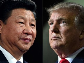 (COMBO) This combination of pictures created on May 14, 2020 shows recent portraits of China's President Xi Jinping (L) and US President Donald Trump.