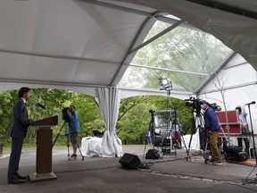 Prime Minister Justin Trudeau speaks with the media about the COVID-19 pandemic during a news conference outside Rideau Cottage in Ottawa, Monday May 25, 2020.