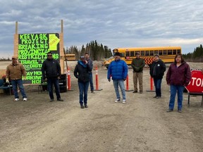 Members of Manitoba First Nations, shown here in this recent handout image, worried about the spread of COVID-19 have been served an injunction ordering the group to remove a blockade into the Keeyask Generating construction site in Split Lake, Manitoba.