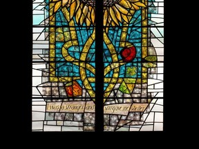 A stained glass window in tribute to Ukrainian-Canadian veterans.