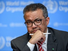 In this file photo taken on March 11, 2020 World Health Organization Director-General Tedros Adhanom Ghebreyesus attends a daily press briefing on COVID-19 at the WHO heardquaters in Geneva.