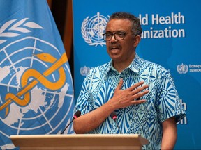 Tedros Adhanom Ghebreyesus, Director General of the World Health Organization (WHO), attends the virtual 73rd World Health Assembly (WHA) in Geneva, Switzerland, May 19, 2020.