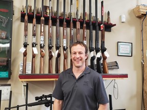 Matt Hipwell, owner of Wolverine Supplies, one of the largest independent gun distributors and retailers in the country, in his store in Virden, Man.