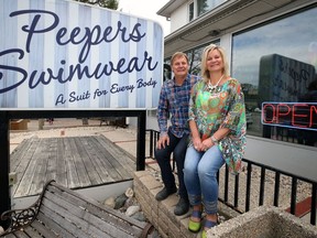 Phil Marriott and Donna Anderson at Peepers Swimwear on Corydon Avenue in Winnipeg on Mon., May 4, 2020. Kevin King/Winnipeg Sun/Postmedia Network