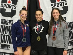 Winnipeg swimmer Kelsey Wog (centre) was recently named the Canada West Conference female athlete of the year and is one of the finalists for the national USports athlete of the year award. Already the first Bisons athlete to win the Canada West award, she has a good chance of taking the national hardware as well. The USports award was to have been presented in Calgary on June 25, 2020.