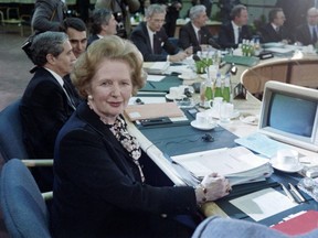 Former British prime minister Margaret Thatcher is pictured on Dec. 5, 1986 while chairing the EEC Economic Summit held in London's Queen Elizabeth Conference Hall.