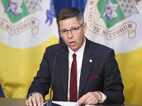 Mayor Brian Bowman along with Chief Danny Smyth, Winnipeg Police Service and Chief John Lane, Winnipeg Fire and Paramedic Service provide their reaction to the events in Minneapolis, across the US and in Canada during a media conference at City Hall Tuesday, June 2, 2020.