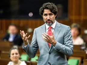 Prime Minister Justin Trudeau speaks in the House of Commons on Parliament Hill in Ottawa on May 20, 2020.