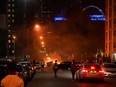 A fire set in the middle of a street is pictured during a protest against the death in Minneapolis police custody of African-American man George Floyd, in St Louis, Mo., June 1, 2020.