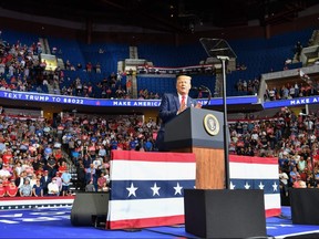 The upper section is seen partially empty as President Donald Trump speaks during a campaign rally at the BOK Center on June 20, 2020 in Tulsa, Oklahoma.