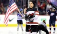 Canada defence Brigette Lacquette looks on during the anthems prior to a pre-Olympic series exhibition game against the United States in Winnipeg on Tues., Dec. 5, 2017. Kevin King/Winnipeg Sun/Postmedia Network