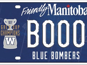 The Winnipeg Blues Bombers and Manitoba Public Insurance announced Monday, June 1, 2020 that 107th Grey Cup Champion plates are now available. The license plates can be obtained at a cost of $70 by completing an application at an Autopac outlet. The plates feature the Bombers and 107th Grey Cup logos along with the words Blue Bombers along the bottom and the usual Friendly Manitoba at the top.