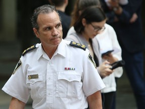 Police chief Danny Smyth wraps up a media briefing following a Winnipeg Police Board meeting in city council chambers in Winnipeg on Mon., June 8, 2020.