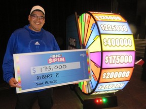 Albert Paupanakis holds his cheque for $175,000 after becoming a big winner in the Western Canada Lottery Corporation's THE BIG SPIN game. After thinking he had won $10,000, the Winnipeg resident’s THE BIG SPIN ticket had actually won him the game’s top prize: $10,000 plus the chance to spin the game’s prize wheel. After spinning the prize wheel, Paupanakis took home an additional $175,000.