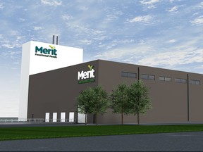 Artist rendering of the Merit Functional Foods 94,000-square foot production facility in Winnipeg, scheduled to be fully operational in December 2020. The plant is expected to create 80 new jobs and will help to establish the region as a world-leading agriculture and processing hub. The Government of Canada announced Monday, June 22, 2020, financing of close to $100 million for the new Merit Functional Foods plant in Winnipeg.