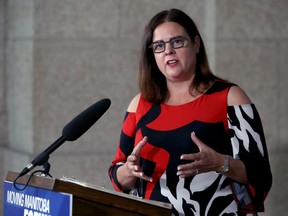 Families Minister Heather Stefanson speaks during a press conference on ending birth alerts and expanding the mothering project at the Manitoba Legislative Building in Winnipeg on Tuesday.