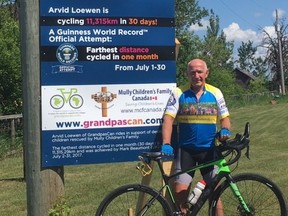 Arvid Loewen, a 63-year-old grandfather of 11, Guinness World Record holder for crossing Canada by bike in 13 days, 6 hours, 13 minutes, will attempt to break the Guinness World Record for Farthest Distance Cycled in one month (30 days). The present record of 11,315 km was set in 2017 by 37-year- old Mark Beaumont from the UK. Arvid will need to average at least 378 km/day to accomplish that feat. Loewen rides to raise funds and create awareness for the children rescued by Mully Children's Family, a street children rescue mission in Kenya Africa.www.mullychildrensfamily.org. Since 2005, Loewen has raised more than $7 million for MCF using a fundraising platform built around his extreme cycling endeavours. www.grandpascan.com
The GWR attempt will happen north of Winnipeg on Henderson Highway between Hoddinott Rd and Lockport, a 27 km back & forth/loop.