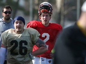 Quarterback Des Catellier looks on from the sidelines during a spring camp scrimmage at the University of Manitoba Bisons football practice facility on Sun., May 1, 2016. Kevin King/Winnipeg Sun file