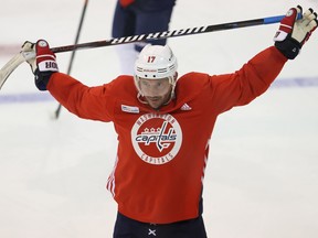 Washington Capitals left winger Ilya Kovalchuk stretches during a workout this week.