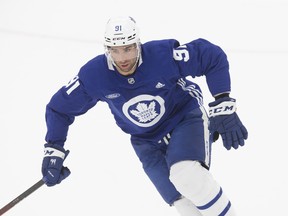 Maple Leafs captain John Tavares skates at training camp on Saturday.