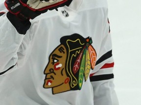 The Blackhawks logo is seen during NHL action in Winnipeg, Dec. 19, 2019.