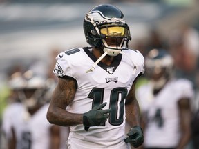 Eagles receiver DeSean Jackson warms up prior to a preseason game against the Ravens at Lincoln Financial Field, in Philadelphia, Aug. 22, 2019.