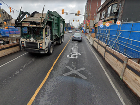 Construction along Eglinton Ave. W., at Dufferin St., for the Eglinton Crosstown LRT.