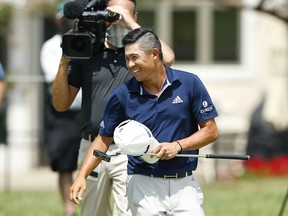 Collin Morikawa celebrates as he closes out the win over Justin Thomas during the third playoff hole of the Workday Charity Open on Sunday at Muirfield Village Golf Club.