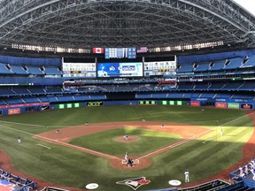 An overall view of an intrasquad game among Toronto Blue Jays players at Rogers Centre on July 14, 2020.