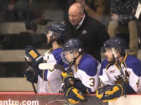Winnipeg South Blues assistant coach Billy Keane works the bench during Game 1 of the Manitoba Junior Hockey League championship series against the Dauphin Kings at MTS Iceplex in Headingley, Man., on Sun., April 6, 2014.