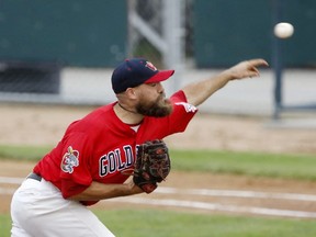 Goldeyes pitcher Mitchell Lambson threw six shutout innings to earn the win as the Goldeyes defeated the Fargo-Moorhead RedHawks 5-0 on July 8, 2020, at Newman Outdoor Field, in Fargo, N.D.